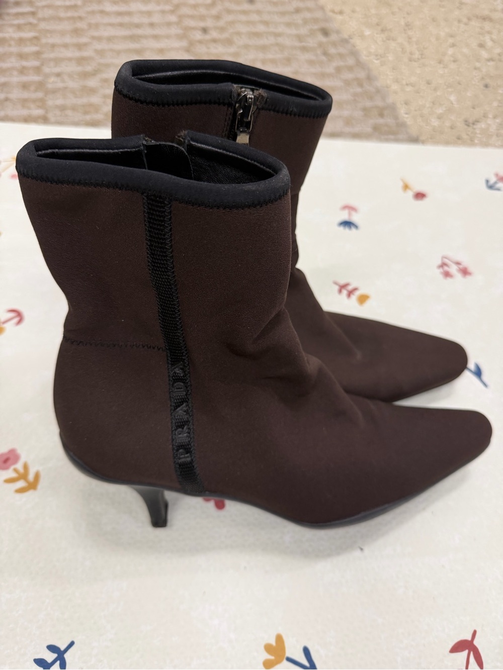 Prada Brown Nylon Logo Stretch Pointed-Toe Ankle Boots